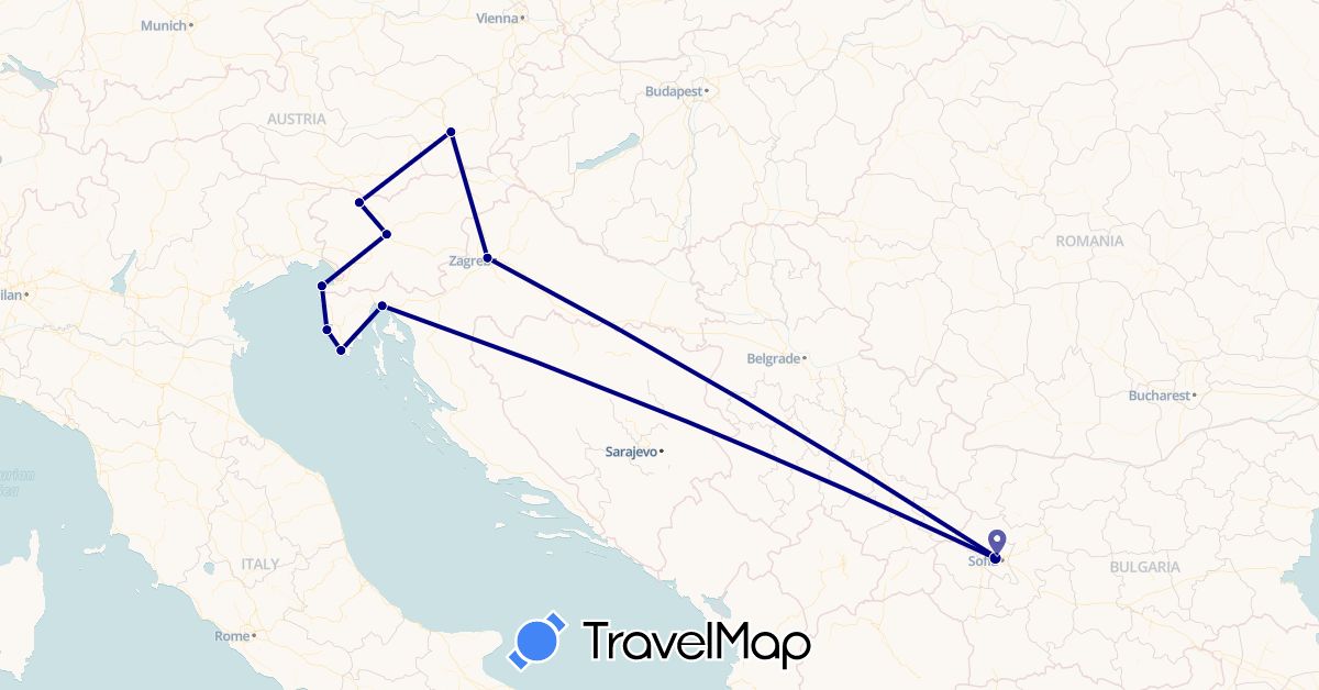 TravelMap itinerary: driving in Austria, Bulgaria, Croatia, Slovenia (Europe)